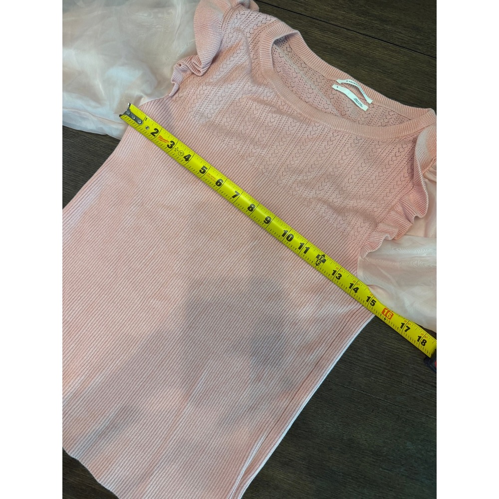 Anthropologie Pink Ruffle Sheer Puff Sleeve Pointelle Ribbed Knit Top Medium - Picture 6 of 7